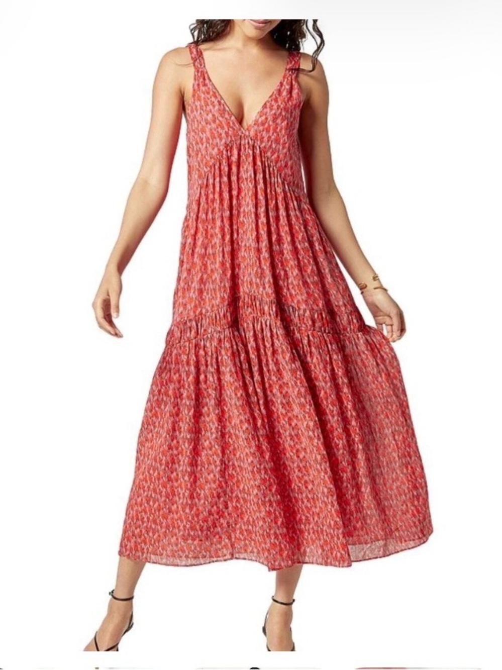 Joie Coral-Print Sleeveless V-Neck Maxi Dress